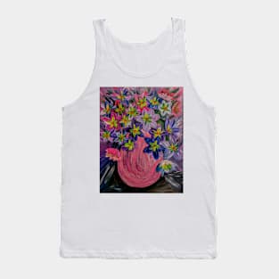 A fun and bright vibrant bouquet of flowers in a pink vase . Tank Top